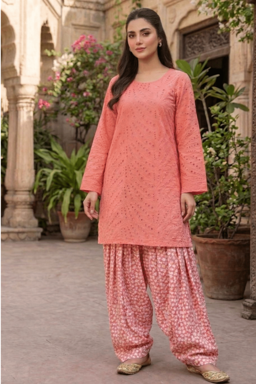 Peach Pink Lawn (Chikankari) 2pc dress