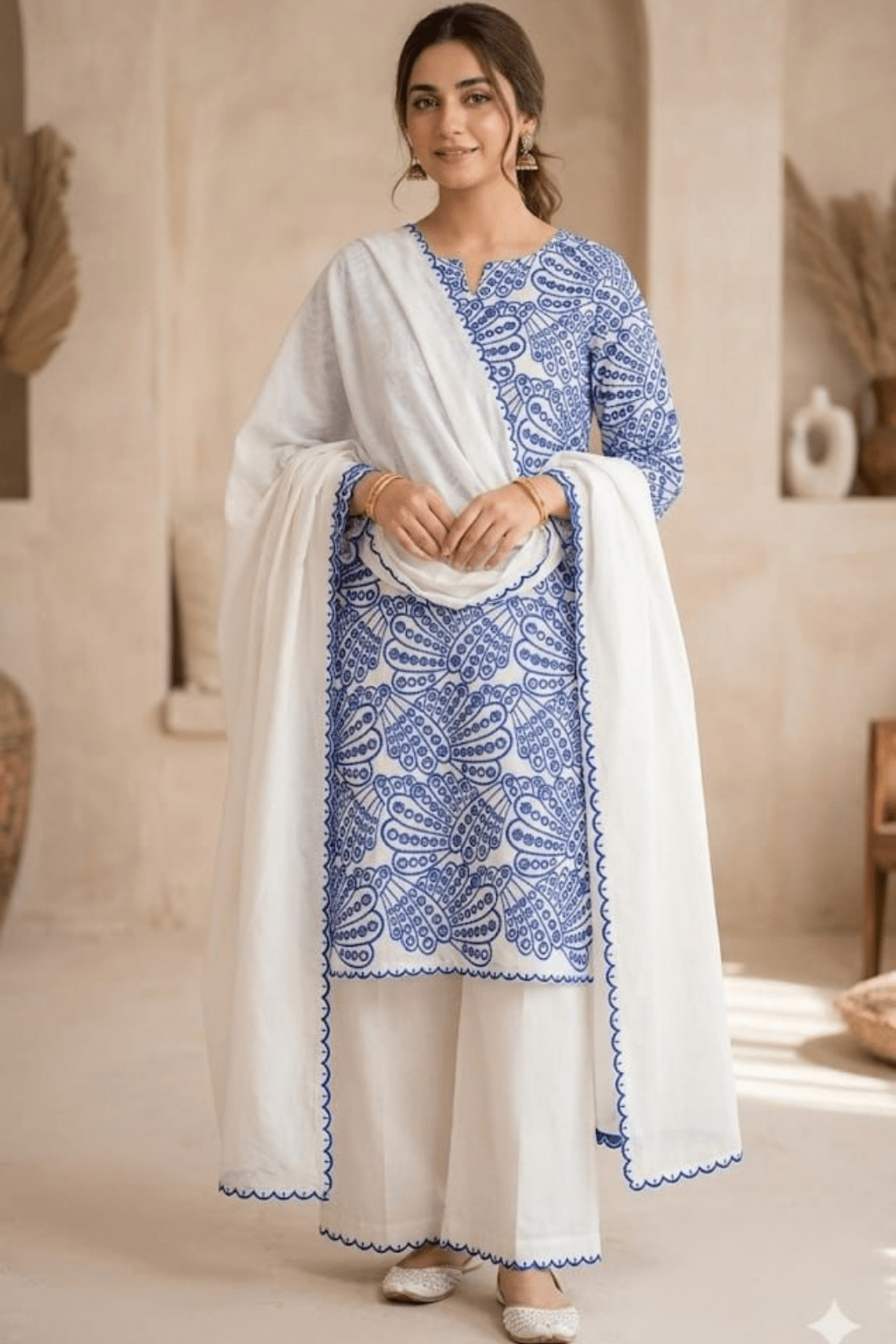 Royal Blue Embroidery 3Pc Dress